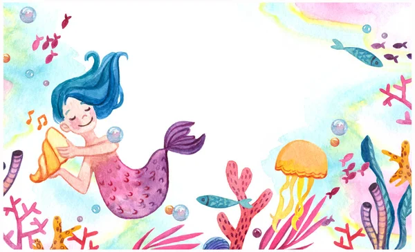 Aquarelle couleur enfants illustration avec mignon sirène méduses et mer réglage — Photo