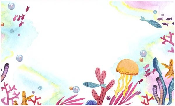 Horizontal coloré joyeux aquarelle couleur enfant cadre d'illustration avec méduses poissons algues corrals et le cadre de la mer — Photo