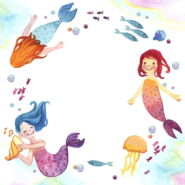 Moldura aquarela com sereias de desenhos animados do bebê bonito e elementos subaquáticos flutuando em um círculo — Fotografia de Stock