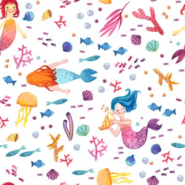 Tatlı denizkızlarıyla kusursuz suluboya desenleri ve beyaz arka planda sualtı dünyasının elementleri.