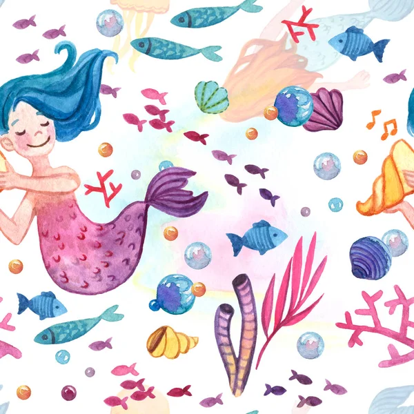 Sem costura aquarela desenho animado padrão com sereia bonito ouvir concha e elementos do mundo subaquático — Fotografia de Stock