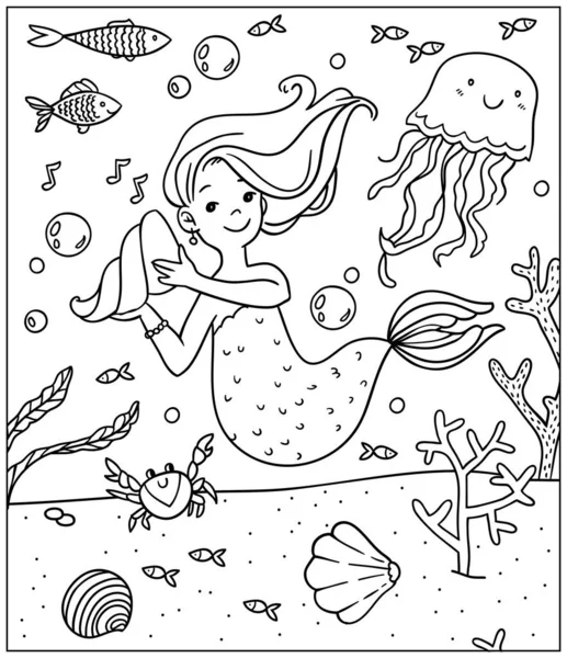 Vetor crianças contorno foto colorir livro com sereia bonito, água-viva e mundo subaquático —  Vetores de Stock