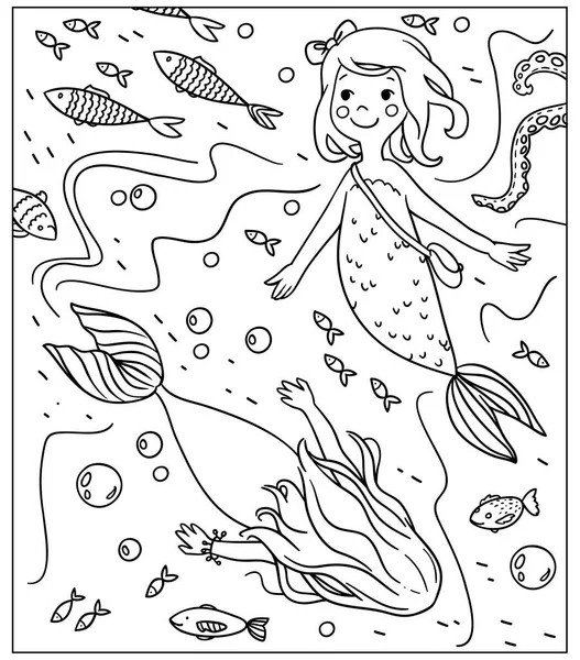 Vetor feminino desenho animado esboço imagem colorir livro com sereias bonito peixe e mundo subaquático —  Vetores de Stock