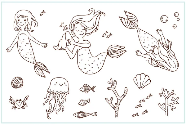 Dessin animé vectoriel ensemble sirènes et éléments du monde sous-marin, coquille, poissons, méduses — Image vectorielle