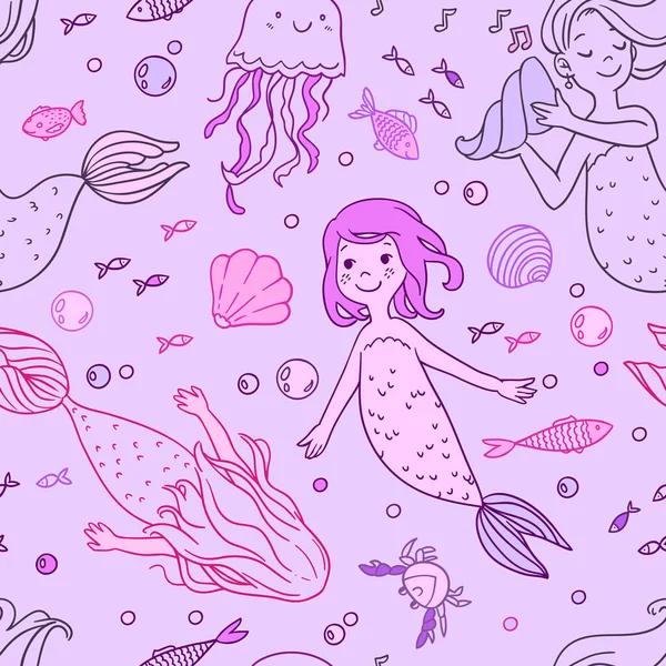 Vetor padrão contorno sem costura com desenhos animados sereias bonitos e peixes em tons de lilás —  Vetores de Stock
