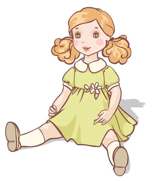 Muñeca de dibujos animados en un vestido verde — Vector de stock