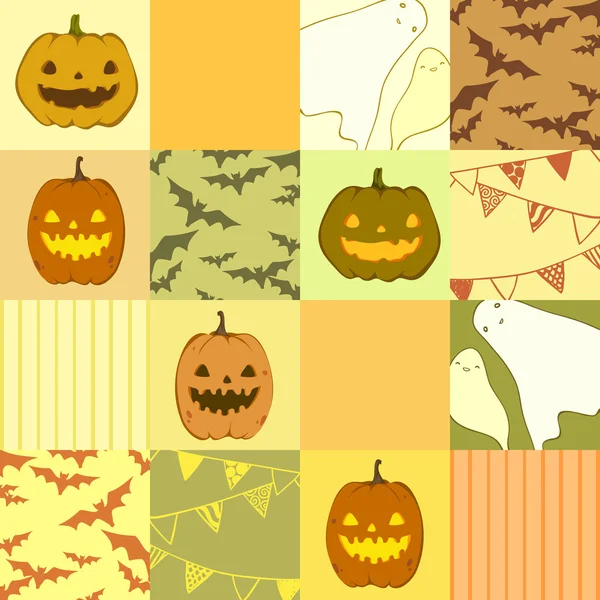 Patrón de Halloween sin costuras con fantasmas, calabazas, murciélagos — Vector de stock