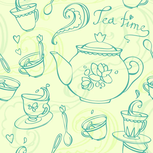 Teatime seamless pattern with teapot and circes — стоковый вектор
