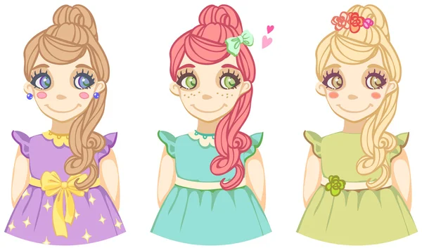 Tres chicas lindas de dibujos animados de color — Vector de stock