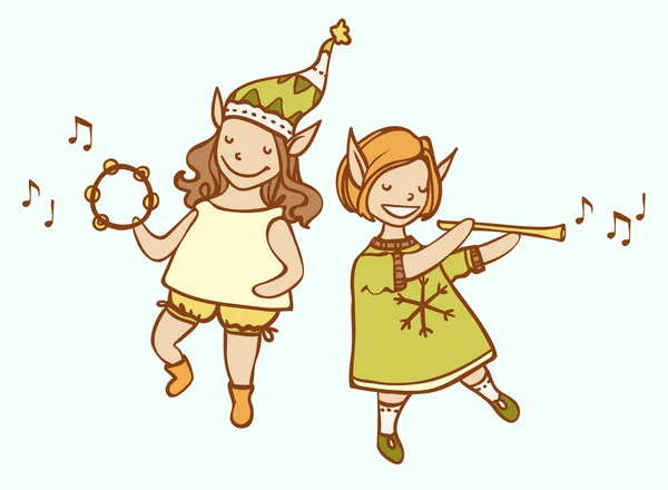 Deux elfes de Noël musicien — Image vectorielle