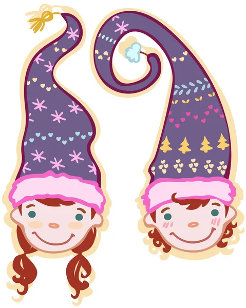 Dos cabezas de niños en gorras — Vector de stock