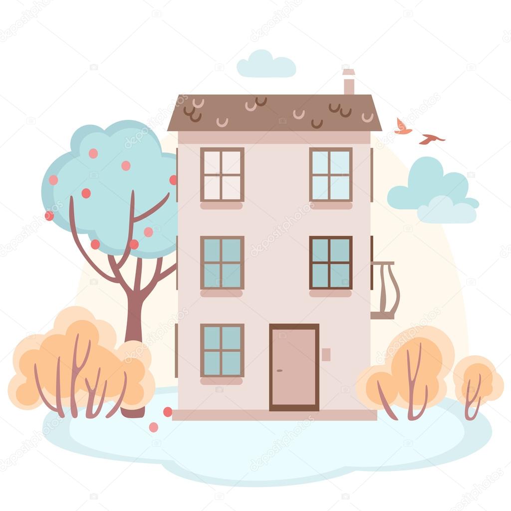 cartoon house with trees in soft colors