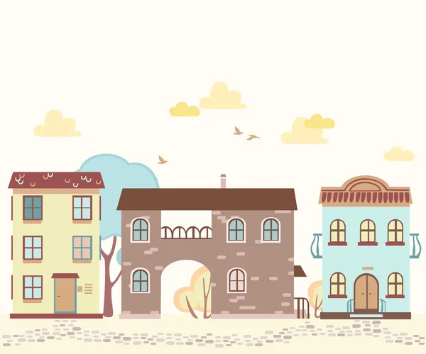 Calle de dibujos animados con casas, nubes, árboles — Vector de stock
