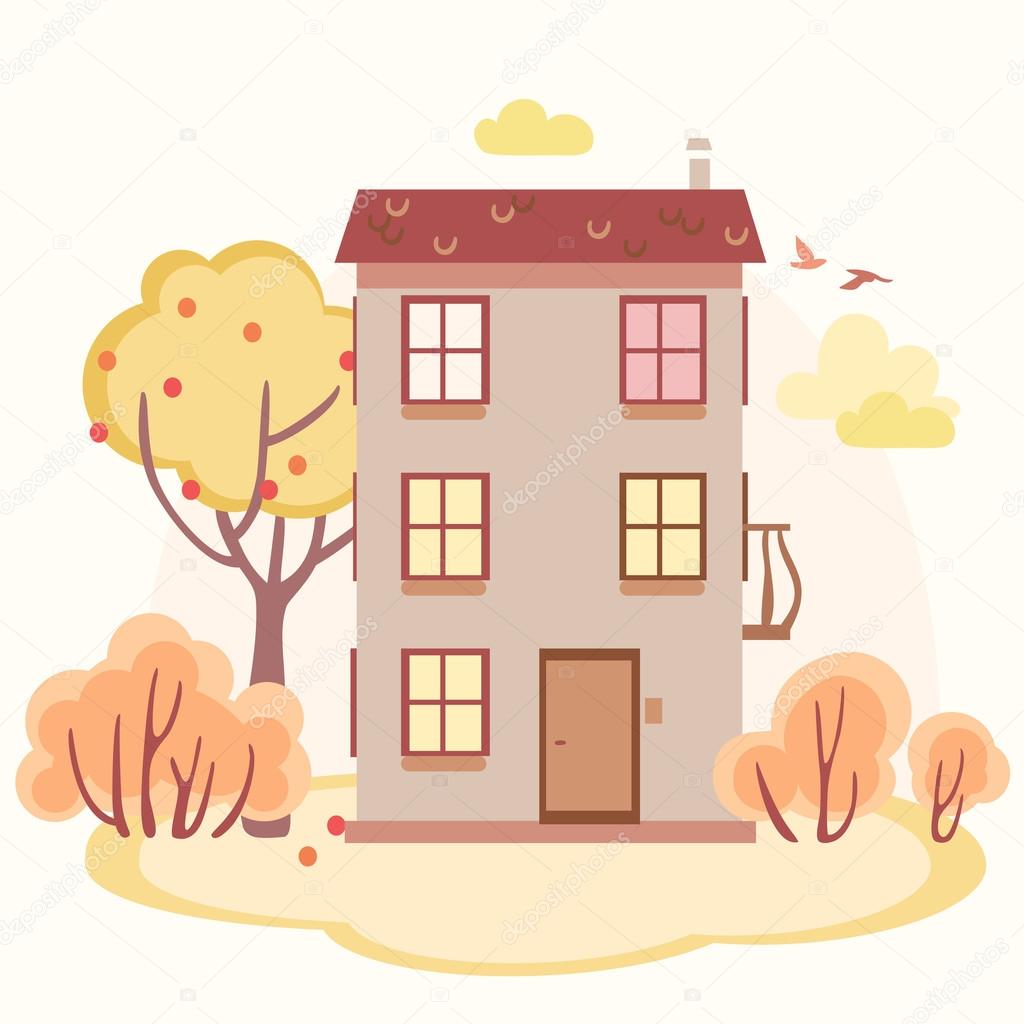 autumn cartoon story house with trees 