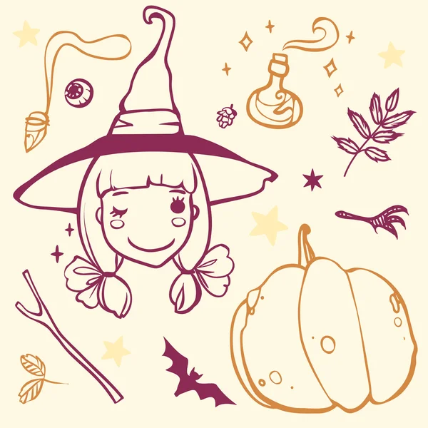 Bruja linda con cosas de Halloween — Vector de stock