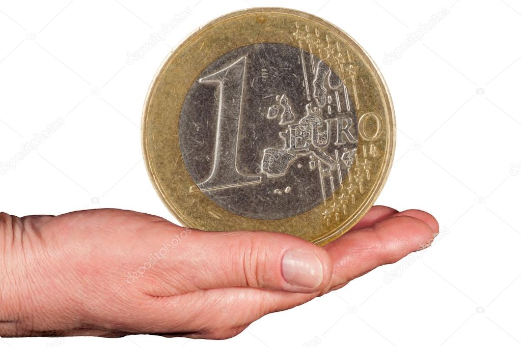 euro coin on hand in large scale, isolated on white background, abstraction