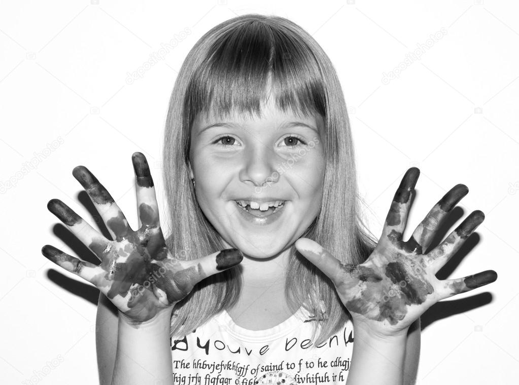 Girl painted fingers bw