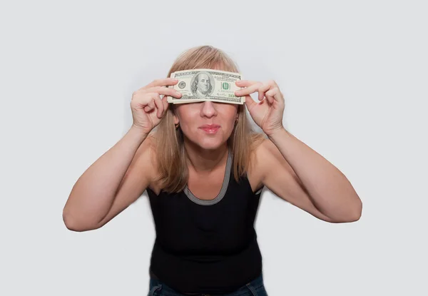 Junge Frau mit Dollars — Stockfoto