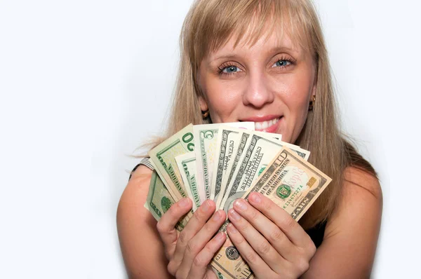 Junge Frau mit Dollars — Stockfoto