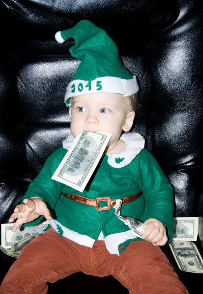 Mały chłopiec dziecko z Dolar w usta — Zdjęcie stockowe