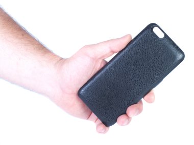 Man`s hand holds black iphone battery case clipart
