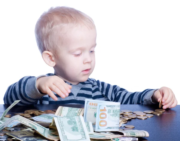 Little baby boy portrait with money — Stock Photo, Image