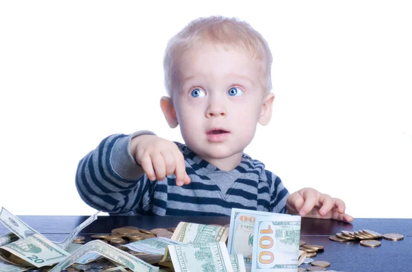 Little baby boy portrait with money — Stock Photo, Image