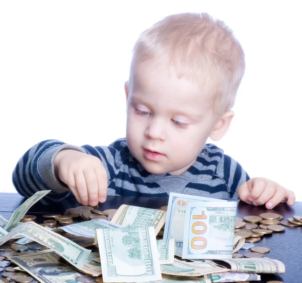 Little baby boy portrait with money — Stock Photo, Image