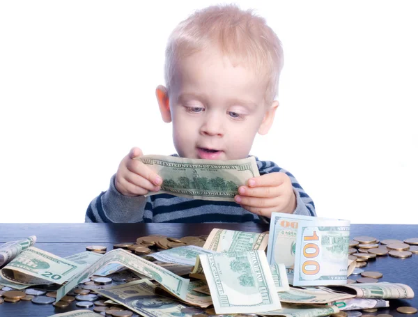 Little baby boy portrait with money — Stock Photo, Image