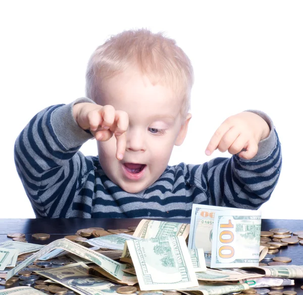 Porträt eines kleinen Jungen mit Geld — Stockfoto