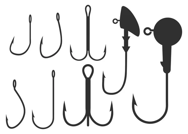 Fishing hooks and jig heads set. Vector illustrations isolated on white background. Collection of equipment for rod or spinning angling. Different shapes and sizes of fishhooks. — Stock Illustration Fishing Hooks Jig Heads Set Vector Illustrations Isolated White Background Vector Graphics