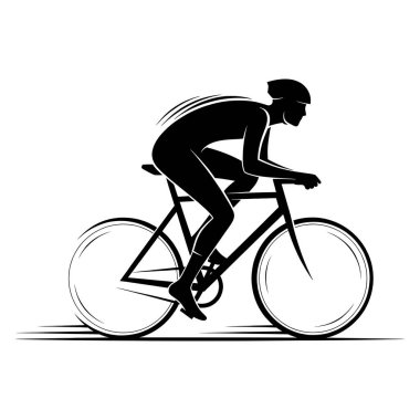 Kask ve hız çizgileriyle bisiklete binen erkek bisikletçinin silueti.