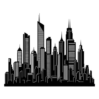 Modern şehrin siyah silueti gökdelenleri ile gökyüzü çizgisi.