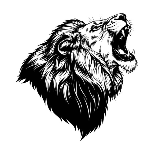 Ревущая львиная голова в черно-белом цвете.