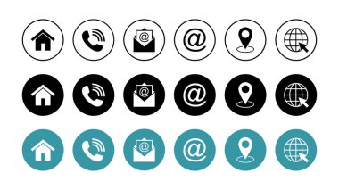 Web simgesi seti. Kartvizit iletişim bilgisi simgesi. Bizimle bağlantı simgesi seti
