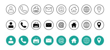 Web simgesi seti. Kartvizit iletişim bilgisi simgesi. Bizimle bağlantı simgesi seti