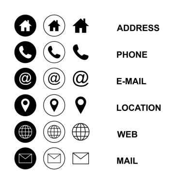 Web simgesi seti. Kartvizit iletişim bilgisi simgesi. Bizimle bağlantı simgesi seti
