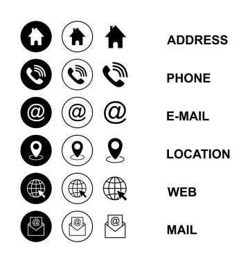 Web simgesi seti. Kartvizit iletişim bilgisi simgesi. Bizimle bağlantı simgesi seti