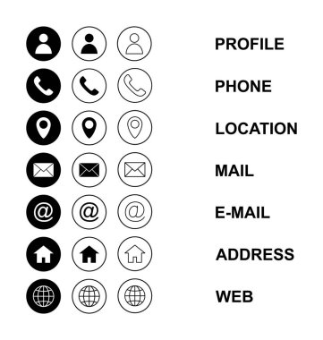 Web simgesi seti. Kartvizit iletişim bilgisi simgesi. Bizimle bağlantı simgesi seti