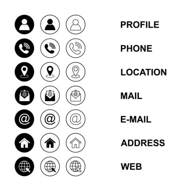 Web simgesi seti. Kartvizit iletişim bilgisi simgesi. Bizimle bağlantı simgesi seti