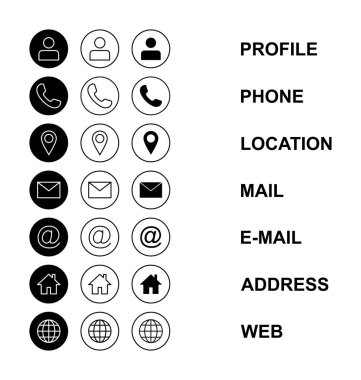 Web simgesi seti. Kartvizit iletişim bilgisi simgesi. Bizimle bağlantı simgesi seti
