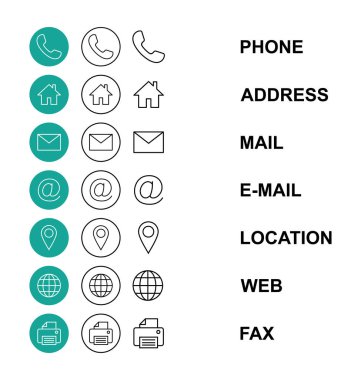 Web simgesi seti. Kartvizit iletişim bilgisi simgesi. Bizimle bağlantı simgesi seti
