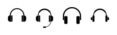Kulaklık simgeleri ayarlandı. Kulaklık vektör simgesi. Ara bizi. Bizimle irtibata geç.