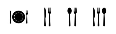 Restoran ikonları seti. Çatal, kaşık ve bıçak ikonu. Yemek ikonu. Ye.