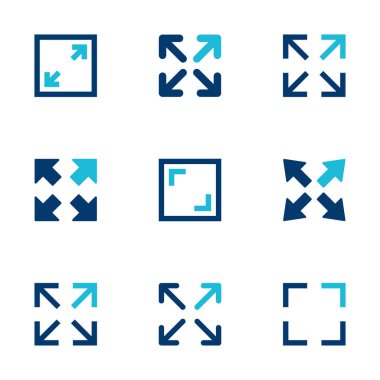 Beyaz arkaplanda tam ekran simge vektörü izole edildi. Tam ekran simgesine genişlet. Tam ekran işaret simgesi. Oklar sembolü