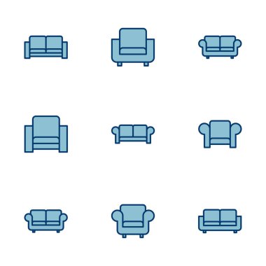 Beyaz arkaplanda izole edilmiş kanepe simgesi vektörü. Kanepe resmi. mobilya