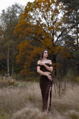 Kahverengi elbiseli hassas bir kadın, kendini embriyolaştırıyor, kollarını bedeninin üzerinden geçiriyor, zevkten başını çeviriyor.