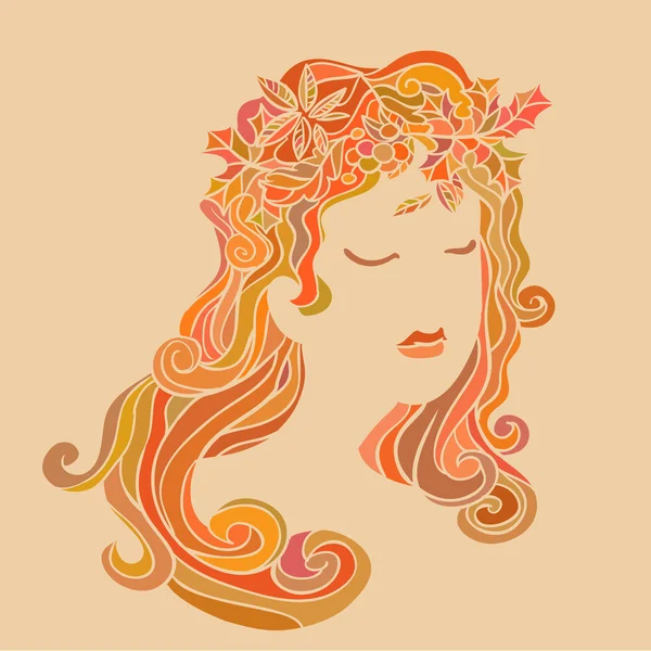 Pretty girl with leaves in her hair — Stock Vector