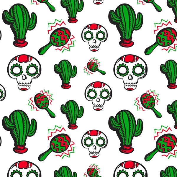 Arrière-plan avec calaveras, cactus et maracas — Image vectorielle