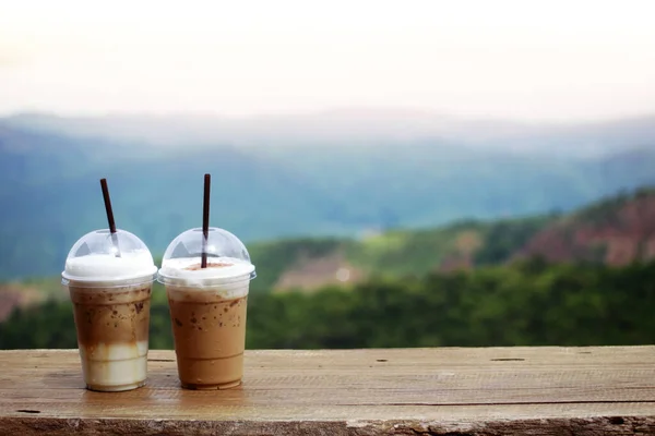 ice coffee cappuccino and mocha on mountain background